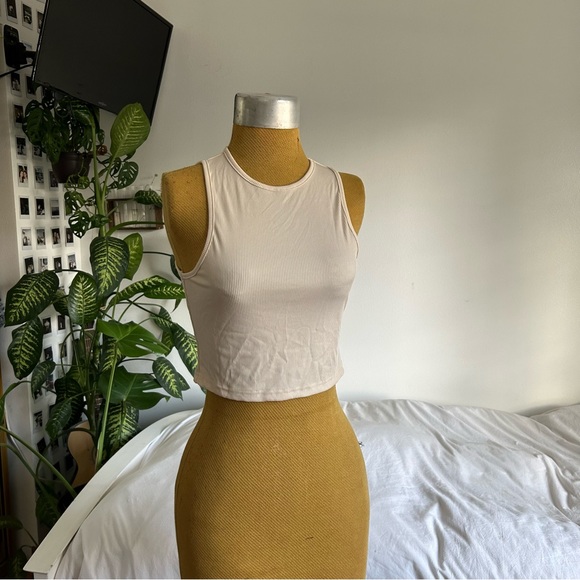 Beige Ribbed Cropped Tank Top